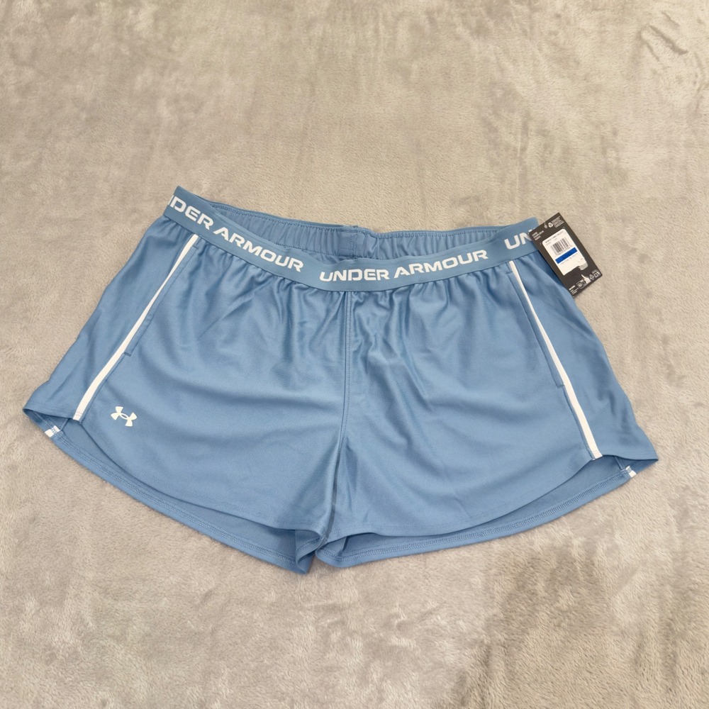 Under Armour Shorts Tech Play Up Blue White Logo Pockets XL 1389882 Womens New